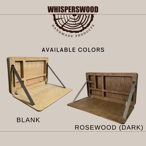 May include: Two wooden, wall-mounted desks are shown, one in a light blank finish and the other in a dark rosewood colour. Each desk has a rectangular design with a fold-down work surface and storage compartments. The text "WHISPERSWOOD HANDMADE PRODUCTS" is at the top.