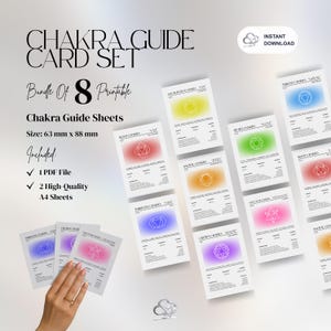 Puede incluir: Un juego de tarjetas de guía de chakras con ocho hojas imprimibles. Cada tarjeta presenta un nombre y símbolo de chakra en varios colores, con información detallada. El juego incluye un archivo PDF y dos hojas A4 de alta calidad. Las tarjetas miden 63 mm x 88 mm.