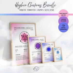 May include: A collection of framed art prints featuring chakra symbols and information. The prints are in various sizes and display text such as "Higher Chakras Bundle" and "Soul Star Chakra". The color palette includes pink, purple, and blue hues.