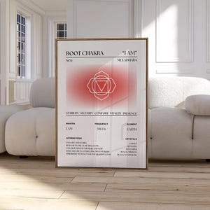 May include: A framed poster with the words "Root Chakra" and "I AM" in a minimalist design. The poster features a red and white graphic with text about stability, security, comfort, vitality, and presence. The poster also lists affirmations, crystals, and the element earth.