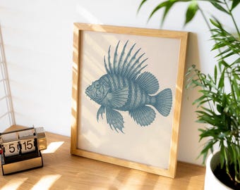 Vintage Lionfish Art Poster | Nautical Sea Life Wall Decor | Coastal Beach House | Cottage Print | Ocean Marine Boat Fish