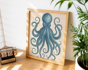Vintage Octopus Art Poster | Nautical Sea Life Wall Decor | Coastal Beach House | Cottage Print | Ocean Marine Boat Cute Fish