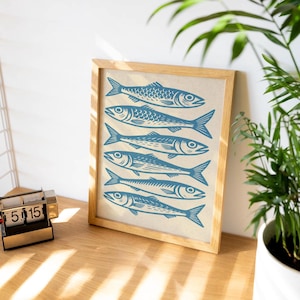 Vintage Sardines Poster - Retro Fish Illustration - Handmade Linocut Style Art Print (Framed and Unframed)