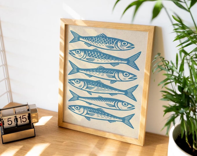 Vintage Sardines Poster - Retro Fish Illustration - Handmade Linocut Style Art Print (Framed and Unframed)