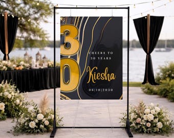 50th Birthday Welcome Sign Board Black Gold Theme Welcome Sign 30th Birthday Black Ivory Happy Birthday Poster Printable Photo Backdrop