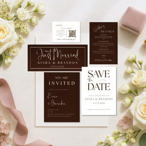 May include: A wedding stationery set featuring a dark brown and white color palette. The collection includes a Just Married sign, an invitation card, a Save the Date card, a details card, and an RSVP card, all displaying the names Kiara and Brandon.