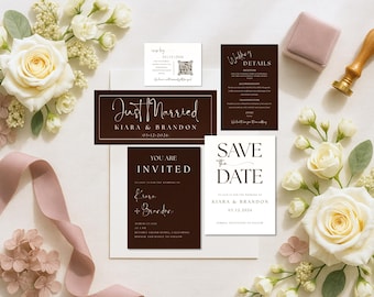 Custom Wedding Invitation Suite Template Canva Editable Wedding Card Bundle Brown Ivory Color Save Date Formal Invite RSVP Details Card Set