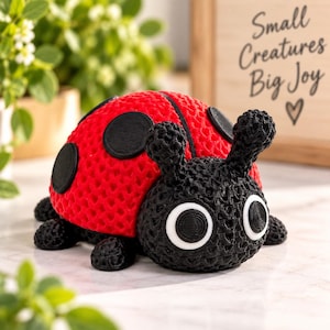 May include: A 3D printed ladybug figurine with a bright red, textured, honeycomb-patterned shell featuring black circular spots. The head is black with two antennae and two large eyes with white rings and black pupils. The body has a textured surface.