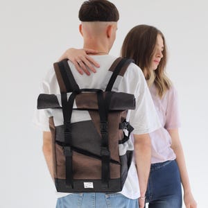 Brown black recycled backpack, urban large rucksack for men, sustainable city roll top backpack, unisex custom haversack, father day gift