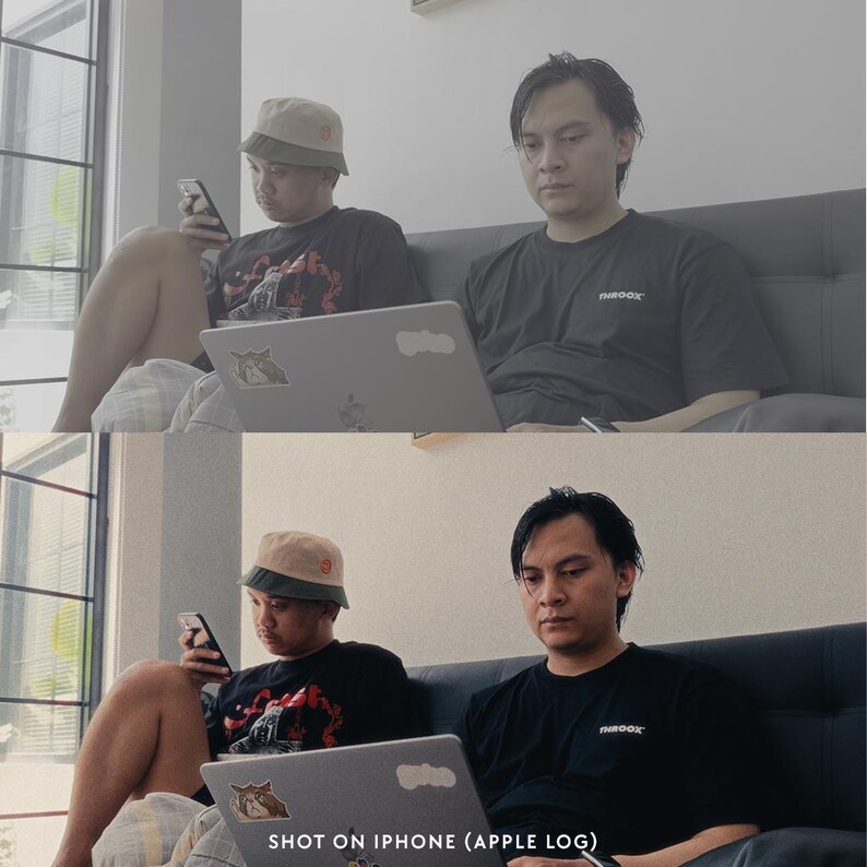 May include: Two men are seated on a gray sofa, each using technology. One is holding a smartphone and wearing a bucket hat and a black t-shirt with a graphic design. The other is using a laptop and wearing a black t-shirt. The image text reads "SHOT ON IPHONE (APPLE LOG)".