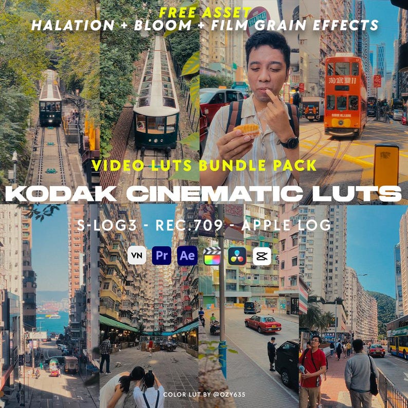 May include: A collage showcasing city scenes with text overlay: "FREE ASSET," "VIDEO LUTS BUNDLE PACK," and "KODAK CINEMATIC LUTS." The image includes a cable car, a double-decker tram, and various editing software icons. The text "S-LOG3 - REC.709 - APPLE LOG" is also visible.