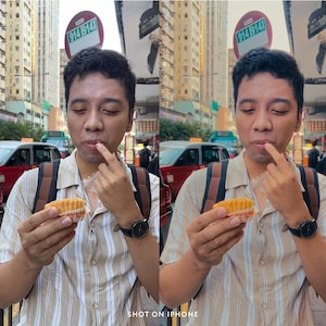 May include: A person holding a small pastry with a cream filling, wearing a striped shirt and a black watch. The background shows a city street with buildings and taxis. The image has the text "SHOT ON IPHONE".