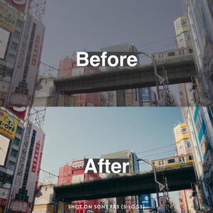 May include: A split image showing a cityscape before and after color correction. The top half, labeled "Before," displays a muted scene with buildings and a train. The bottom half, labeled "After," shows the same scene with enhanced colors and contrast. Text at the bottom reads "SHOT ON SONY FX3 (S-LOG3)."