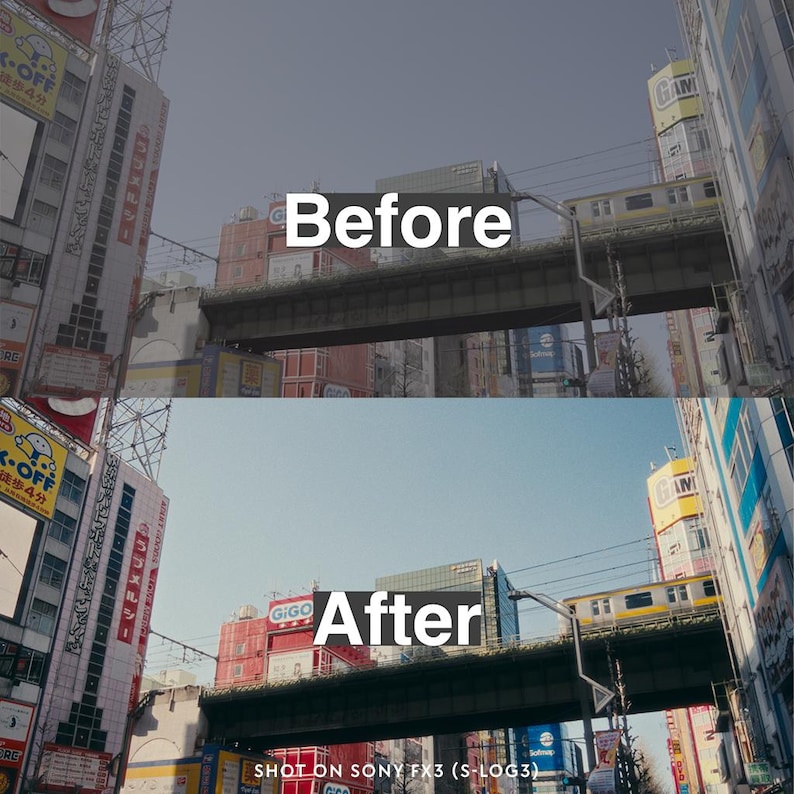 May include: A split image showing a cityscape before and after color correction. The top half, labeled "Before," displays a muted scene with buildings and a train. The bottom half, labeled "After," shows the same scene with enhanced colors and contrast. Text at the bottom reads "SHOT ON SONY FX3 (S-LOG3)."
