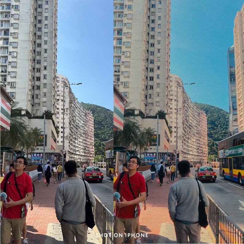 May include: A street scene in Hong Kong featuring tall apartment buildings, pedestrians, and vehicles. The image is split, with a slightly different color grade on each side. The sky is blue, and a mountain is visible in the background. The text "SHOT ON IPHONE" is at the bottom.