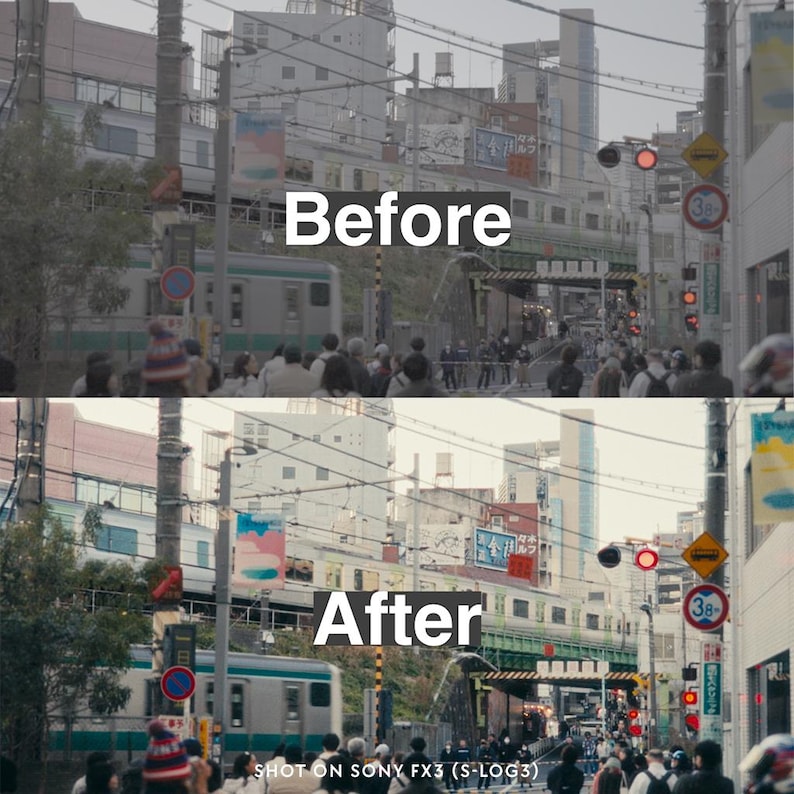 May include: A split-screen image showing a before-and-after comparison of a cityscape. The top half, labeled "Before," depicts a muted scene with a train and pedestrians. The bottom half, labeled "After," shows the same scene with enhanced colors and clarity. Text at the bottom reads "SHOT ON SONY FX3 (S-LOG3)."