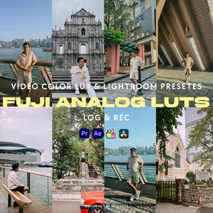 Puede incluir: Un collage de imágenes que muestran una colección de LUTs de color de video y preajustes de Lightroom llamados "FUJI ANALOG LUTS" para usar con Premiere Pro y After Effects. El texto "LOG & REC" también está incluido en la imagen.