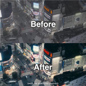 May include: An aerial view of a city intersection at night, comparing a 'Before' and 'After' image. The 'Before' image is desaturated, while the 'After' image shows enhanced colors and contrast. The Coca-Cola logo is visible on a building.