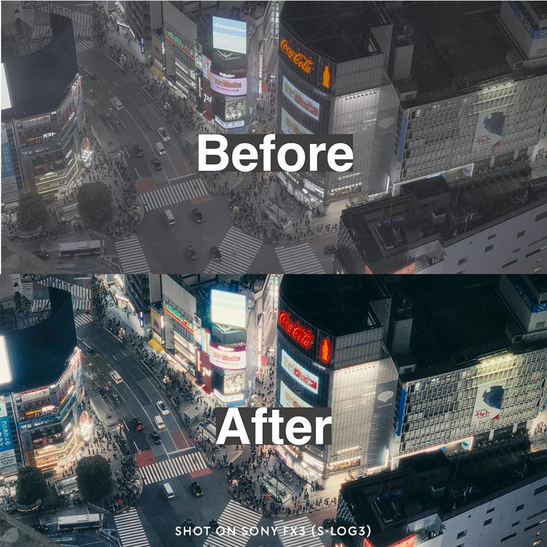 May include: An aerial view of a city intersection at night, comparing a 'Before' and 'After' image. The 'Before' image is desaturated, while the 'After' image shows enhanced colors and contrast. The Coca-Cola logo is visible on a building.