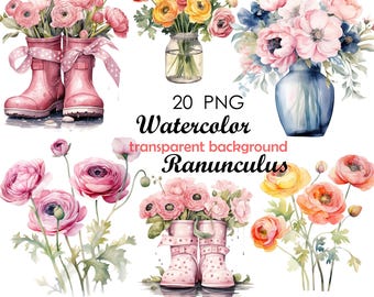 May include: Digital watercolour images of floral arrangements, including pink ranunculus flowers in pink wellington boots, a glass jar, and a blue vase. The image includes the text "20 PNG Watercolor transparent background Ranunculus".