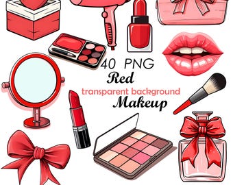 May include: A set of 40 red makeup illustrations with transparent backgrounds. The set includes a hairdryer, lipstick, eyeshadow palette, mirror, perfume bottle, makeup brush, lips, and a bow. The illustrations are in a cartoon style and are perfect for digital scrapbooking, card making, and other craft projects.