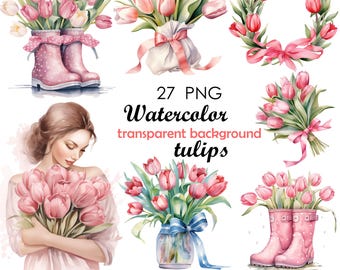 May include: A collection of watercolour digital files showcasing pink and red tulips. The image includes bouquets, a wreath, and tulips in pink wellington boots. Text on the image reads "27 PNG Watercolor transparent background tulips".