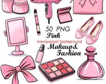 May include: A set of 50 pink makeup and fashion illustrations with a transparent background. The illustrations include a hairdryer, makeup brushes, a makeup palette, perfume bottles, a mirror, a makeup bag, and shoes.