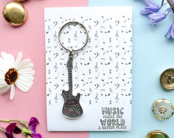 Music Makes The World A Better Place - Silver Electric Guitar Keyring