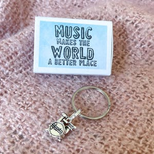Music Makes The World A Better Place - Silver Drum Keyring Matchbox Gift  (Drummer, Drumkit)