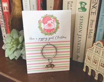 Have A Pigging Great Christmas - Silver Pig Keyring (stocking filler, advent filler, secret Santa)