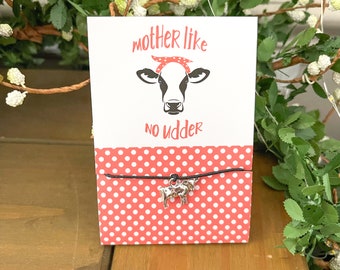 Mother Like No Udder - Adjustable Wish or Silver Chain Cow Charm Bracelet (Mother’s Day, mum)