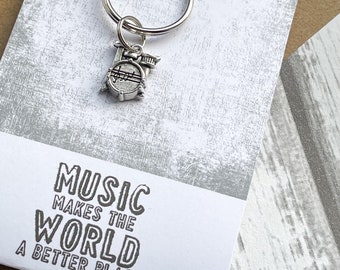 Music Makes The World A Better Place - Silver Drum Keyring (Drummer, Drumkit)