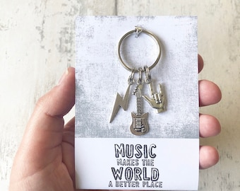 Music Makes The World A Better Place - Silver Electric Guitar Charm Keyring (rock, musician, bands)