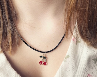 Black Faux Leather Necklace With Cherry Charm