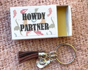 Howdy Partner Matchbox Gift - Silver Cowboy Hat Keyring (western, country, line dancer)