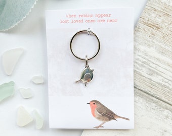 When Robins Appear, Lost Loved Ones Are Near - Silver or Bronze Robin Keyring (Christmas, sympathy, memory, family)