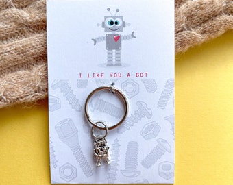 I Like You A Bot - Silver Robot Keyring (anniversary, valentines gift)