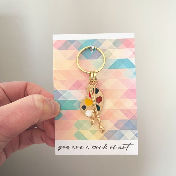You Are A Work Of Art - Gold Paint Palette And Brushes Charm Keyring (gifts for artist, art student, painting)