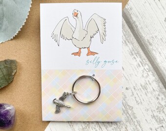 Silly Goose - Silver Flying Goose Keyring (geese, poultry)