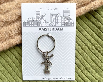 Let's Go On An Adventure - Amsterdam Windmill Silver Charm Keyring (holland, skyline, surprise holiday)
