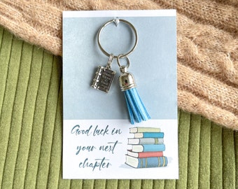 Good Luck In Your Next Chapter - Silver Book Charm Keyring (leaving gift, work colleague, new job, Bon voyage, school leavers)