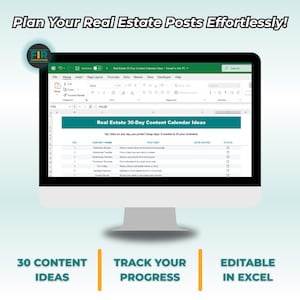 Real Estate Content Calendar Excel | 30-Day Social Media Post Ideas | Realtor Planner | Digital Marketing Tool for Agents