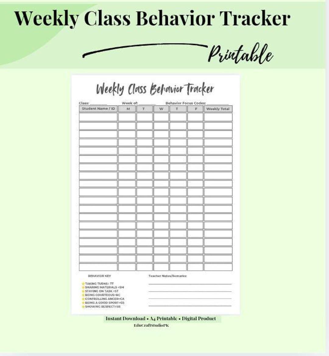 Weekly Class Behavior Tracker Printable | Student Behavior Log ...