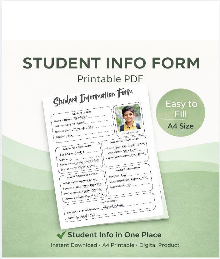 Student Information Form Printable | School Data Sheet | Profile ...