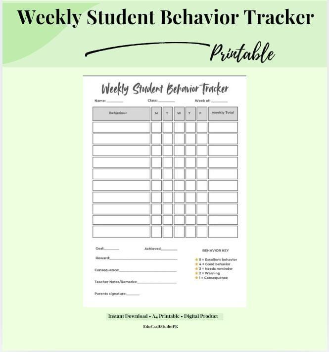 Student Behavior Tracker Printable Weekly Behavior Chart Classroom ...