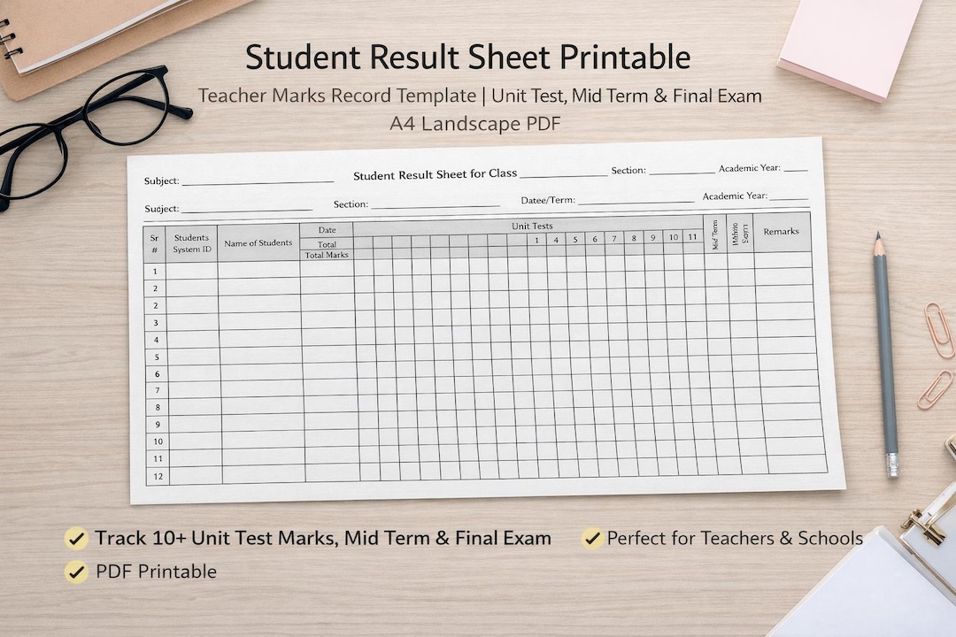Student Result Sheet Printable PDF | Unit Test Marks Tracker Template ...