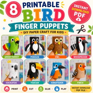 Puede incluir: Un archivo PDF digital imprimible con 8 marionetas de dedo de aves para manualidades de papel. El conjunto incluye un loro verde, pingüino, búho, pájaro carpintero, cacatúa, tucán, martín pescador y pinzón. La imagen muestra el texto 8 PRINTABLE BIRD FINGER PUPPETS.