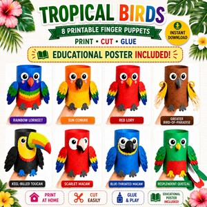 Op de afbeelding: Een set van 8 printbare vingerpoppetjes met tropische vogels, waaronder een regenbooglori, zonparkiet, roodlori, grote paradijsvogel, zwavelborsttoekan, geelvleugelara, blauwkeelara en quetzal, inclusief een educatieve poster.