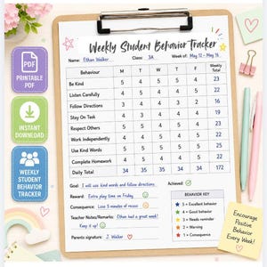 May include: A Weekly Student Behavior Tracker on a clipboard with a grid for tracking daily tasks like Be Kind and Listen Carefully. It includes sections for goals, rewards, consequences, teacher notes, a parent signature line, and a behavior key.