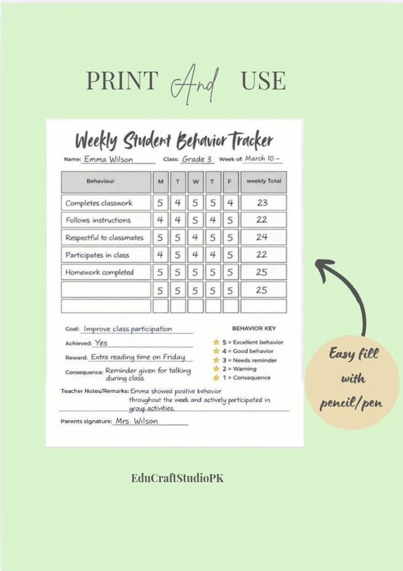 Student Behavior Tracker Printable Weekly Behavior Chart Classroom ...